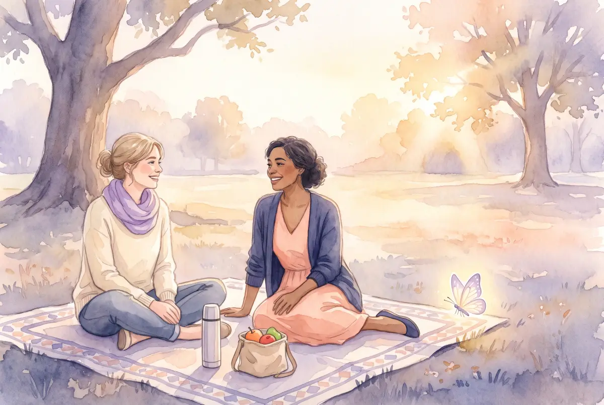 Illustration: a soft watercolor scene in cream, lavender and peach of two friends sharing a picnic blanket in a park at golden hour, with a simple thermos and a small bag of fruit between them, and one small glowing butterfly resting on the edge of the blanket