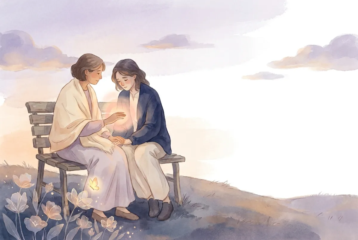 イラスト: 夕暮れにベンチで寄り添って座る二人。一方が仲直りの瞬間にそっともう一方へ手を伸ばし、二人のあいだにあたたかな光。近くに小さな光る蝶がいる