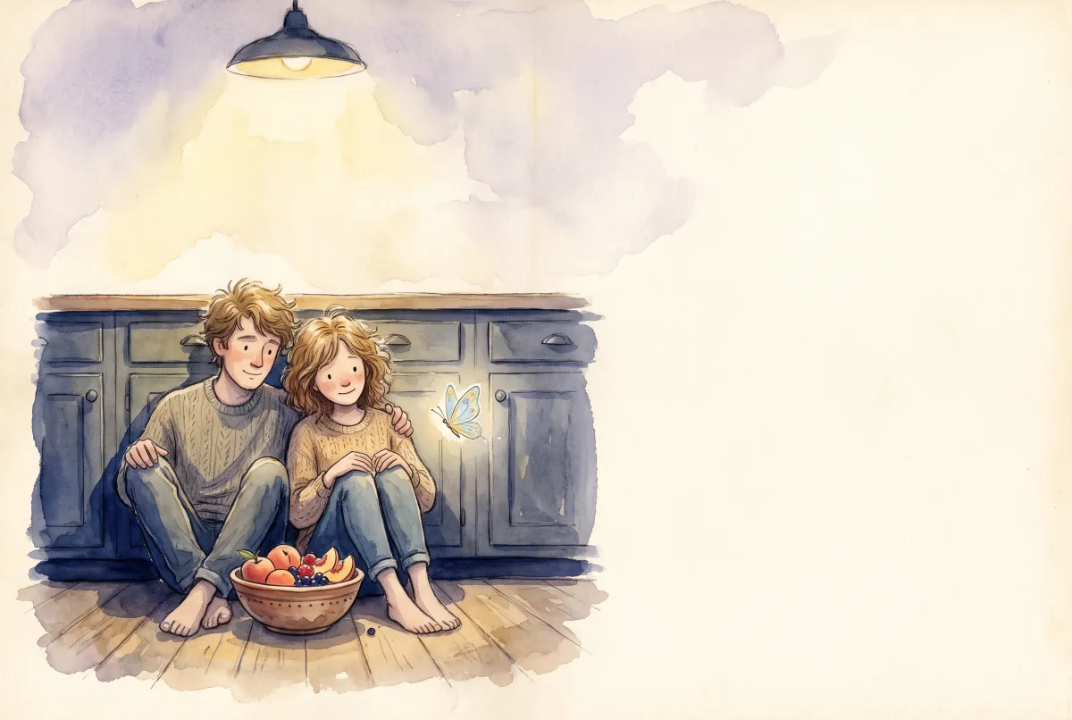 Illustration: two adult siblings sitting side by side on a kitchen floor late at night, backs against the cabinets, sharing a bowl between them in warm lamplight, with a small glowing butterfly nearby