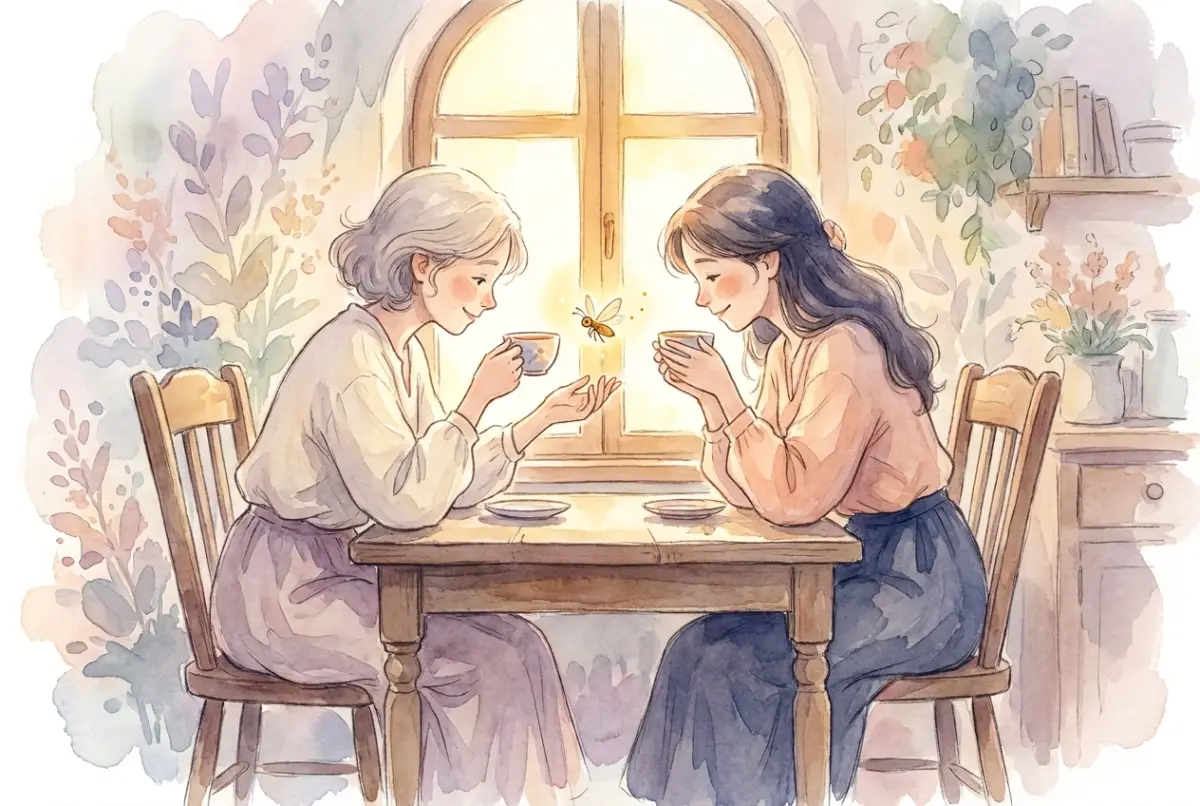 Illustration: two people sharing a quiet cup of tea by a window at golden hour, fully turned toward each other, a small glowing butterfly resting between their cups