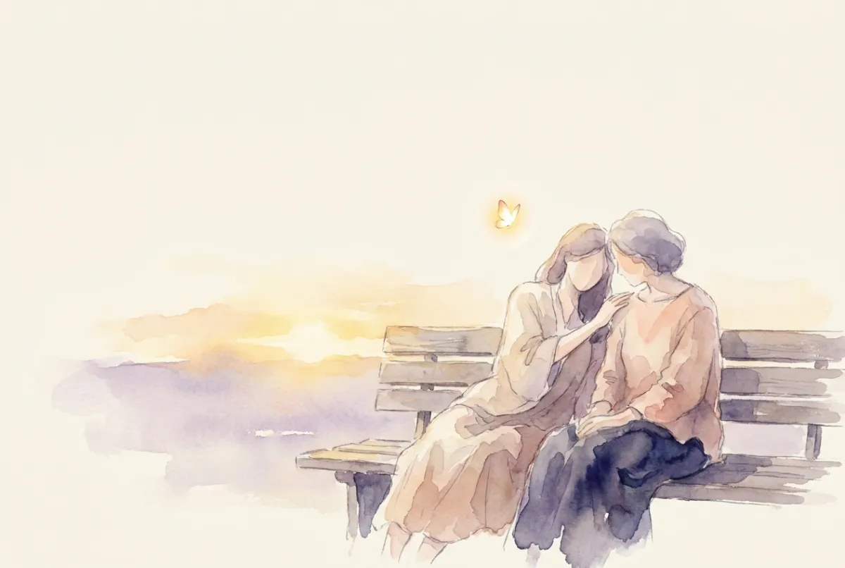 Illustration: two people sitting close together on a bench at golden hour, leaning gently toward each other with one resting a hand on the other's arm, a small glowing butterfly floating in the air nearby