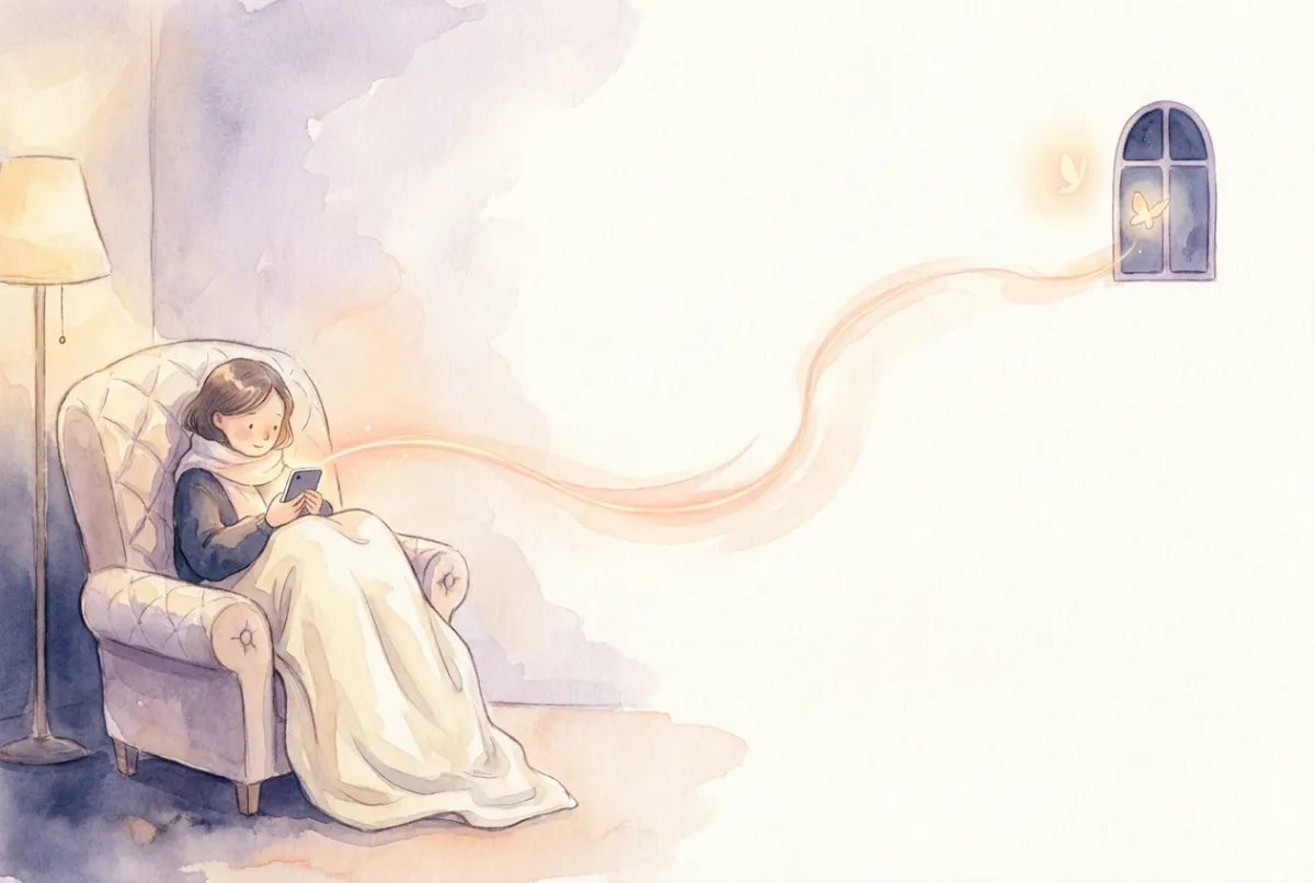 Minh hoạ: một người ngồi co người trong nhà dưới ánh đèn ấm, ôm điện thoại sát vào lòng, một luồng sáng dịu dâng lên từ màn hình và vươn ra như một sợi chỉ ánh sáng nhẹ nhàng hướng về một khung cửa sổ xa, một chú bướm nhỏ phát sáng ở gần