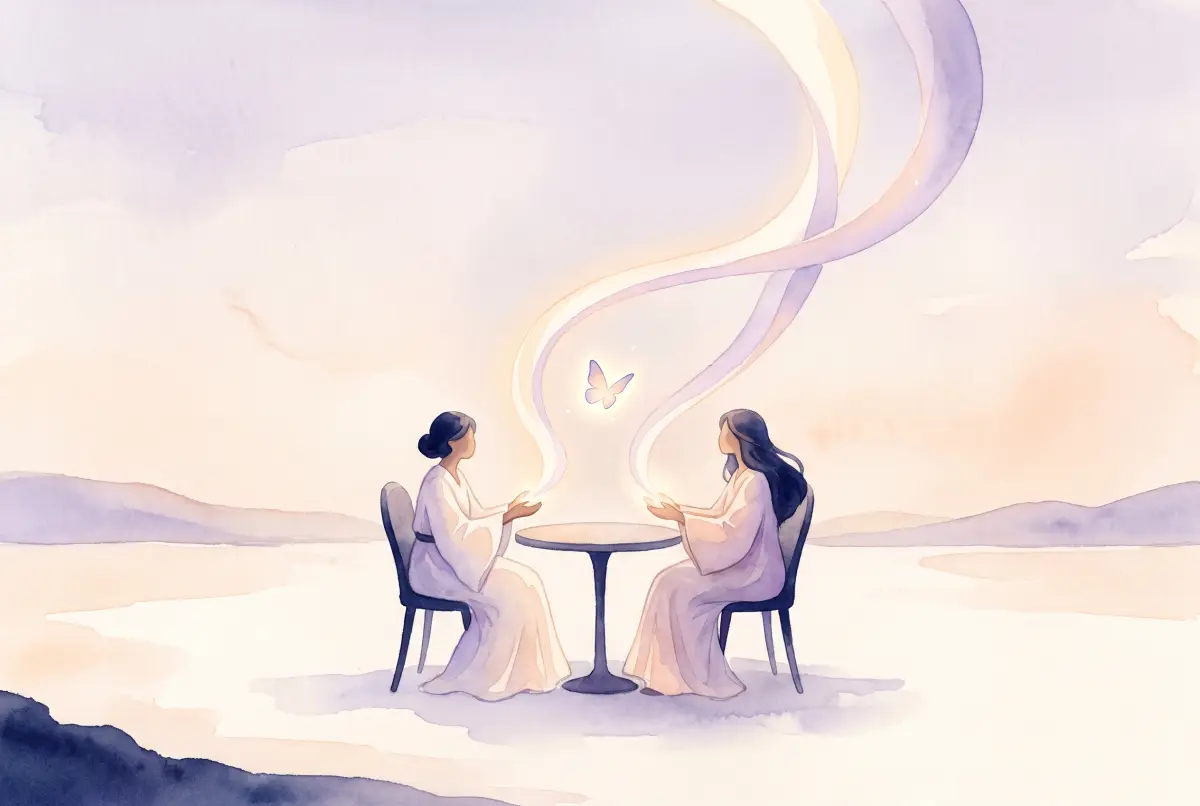 Illustration: a soft watercolor scene in cream, lavender and peach of two people sitting at a small table, each with a gently glowing thread of light leaving their hands and passing just alongside the other person rather than meeting, with a small glowing butterfly hovering in the open space between them