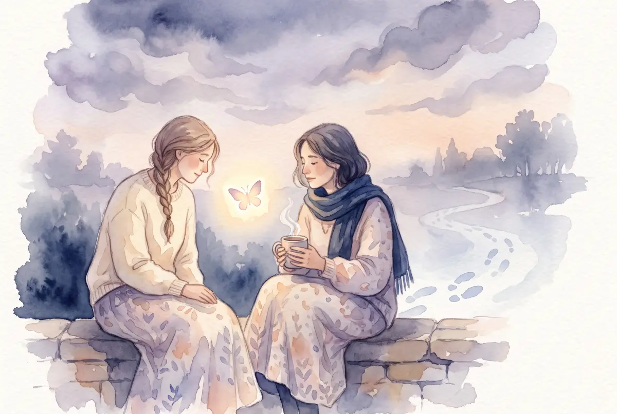Illustration: a soft watercolor of two friends sitting side by side on a low garden wall at dusk, one listening closely while the other talks, with faint footprints on a winding path behind them and one glowing butterfly between them