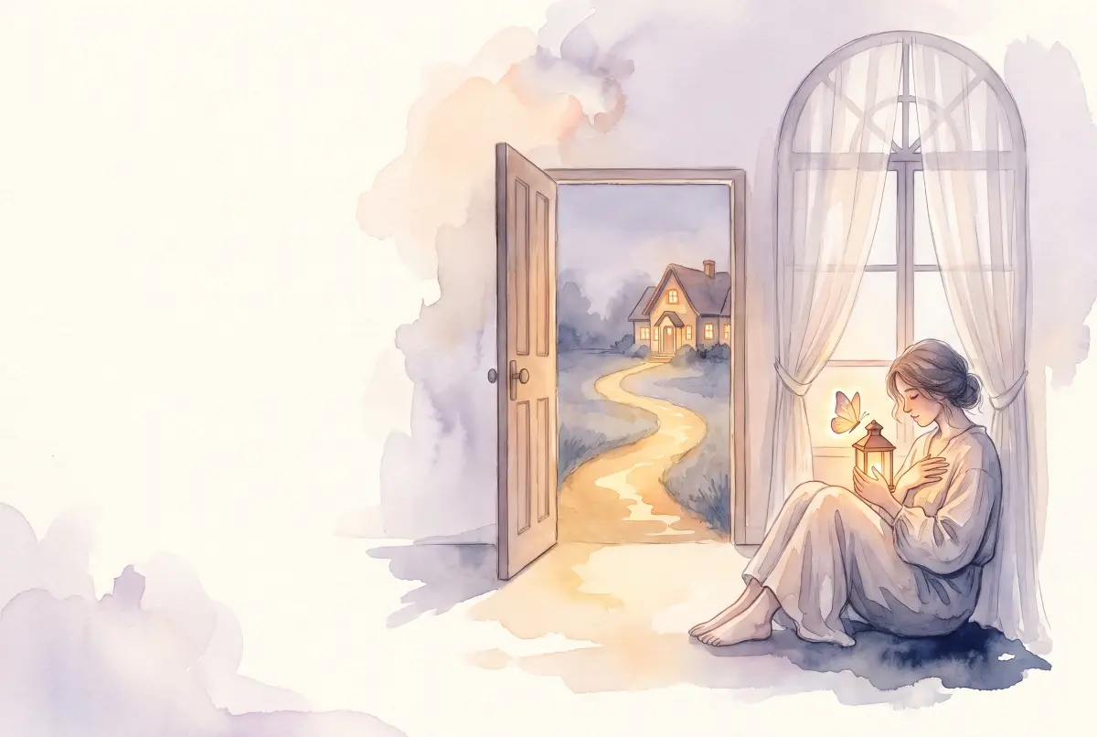 Illustration: a soft watercolor scene in cream, lavender and peach of a person sitting by a window at dusk, holding a small glowing lantern with one hand over their heart, beside an open door where a path of warm light leads toward a softly lit house, and one small glowing butterfly hovering above the lantern