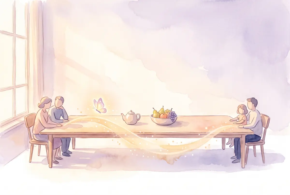 Illustration: a soft watercolor scene in cream, lavender and peach of a long family dining table by a bright window, with two people seated at one end and two at the other, a teapot and a bowl of fruit between them, and a gentle ribbon of golden light curving across the table to connect both ends, with one small glowing butterfly resting above it