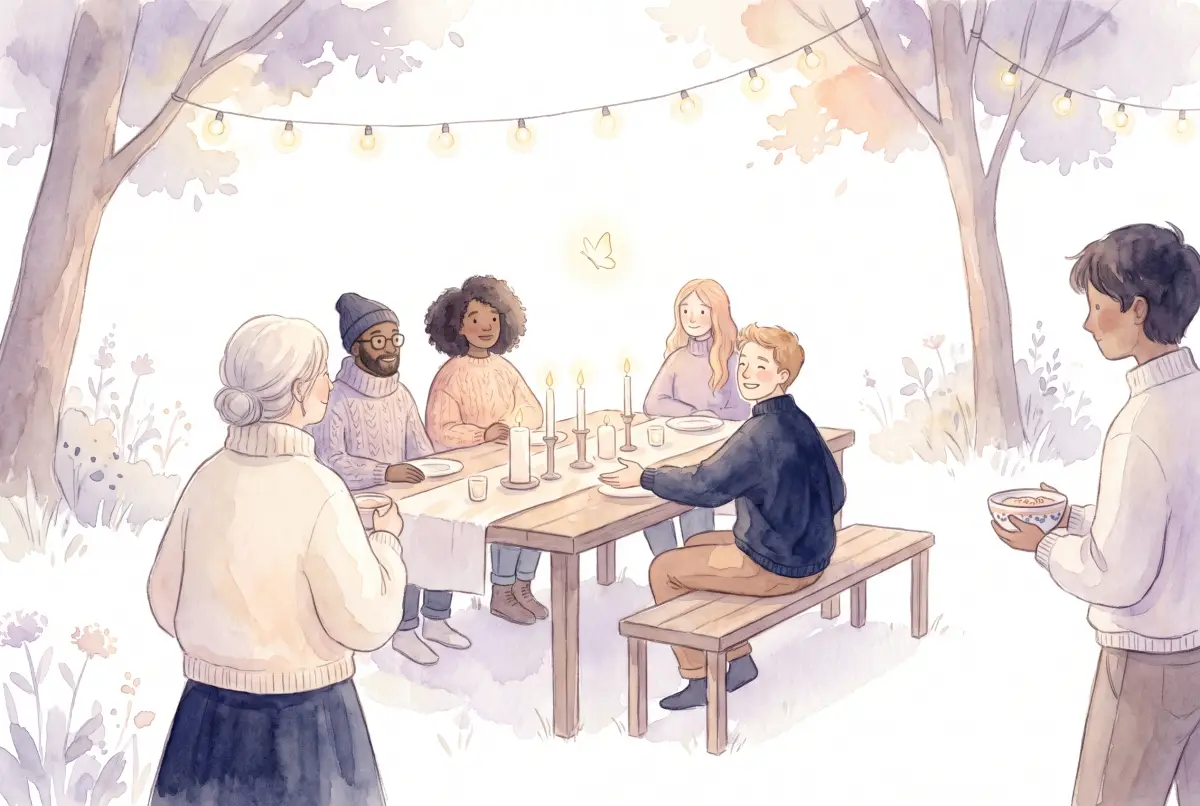 Illustration: a soft watercolor of a garden gathering at dusk, friends around a candlelit table under string lights, one friend turning to welcome two people standing at the edge, with one small glowing butterfly above the table