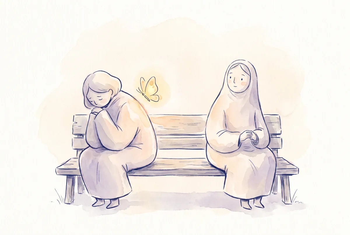 Illustration: two figures sitting side by side on a low bench in soft watercolor, one turned slightly inward, the other simply present, a small glowing butterfly in the space between them