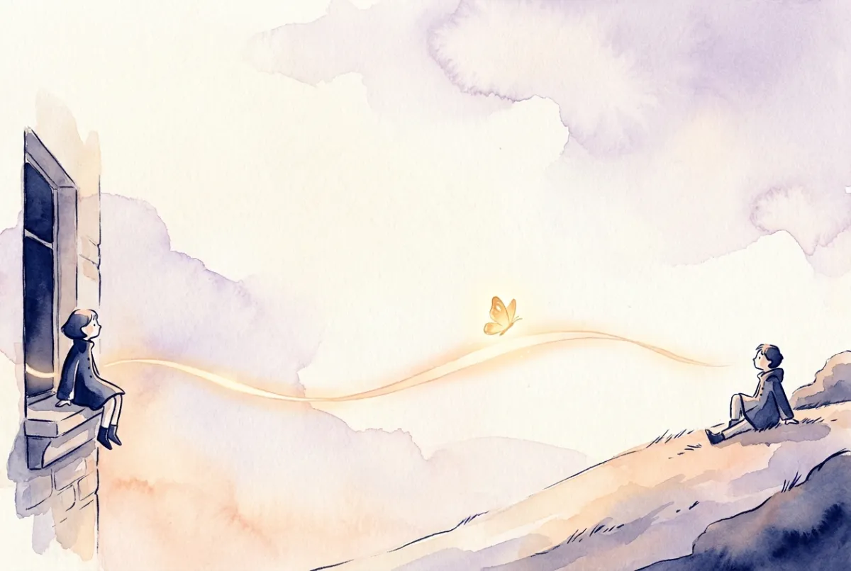Illustration: two friends far apart under a wide pastel sky, a soft ribbon of light connecting them across the distance, a small glowing butterfly hovering just above the ribbon