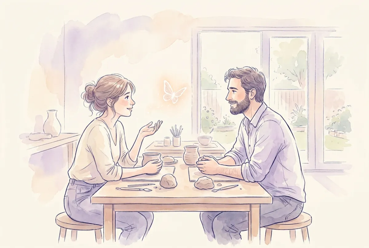 イラスト: あたたかな陶芸教室のテーブルで初めて出会った二人の大人が、少し体を向け合って会話をしていて、その間を小さな光る蝶が漂っている