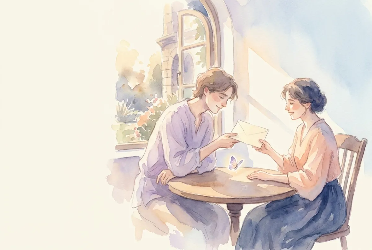 Minh hoạ: hai người bạn bên chiếc bàn ngập nắng, một người ấm áp trao cho người kia một mẩu giấy nhỏ, một chú bướm phát sáng đậu ở gần