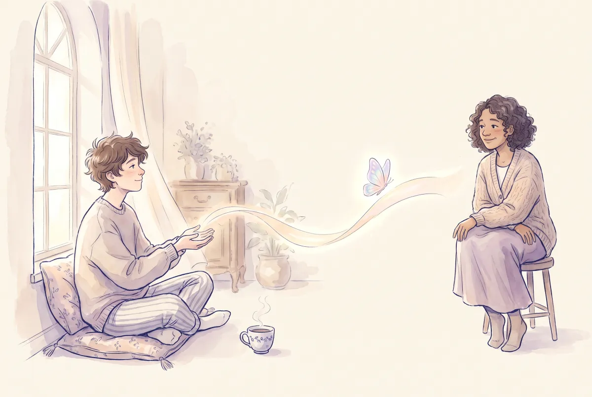 Illustration: a soft watercolor scene in cream, lavender and peach of a young person sitting cross legged by a bright window with a cup of tea nearby, pausing thoughtfully, while a gentle ribbon of golden light curves across the room toward a friend seated further away who is turned warmly toward them, with one small glowing butterfly resting on the ribbon of light