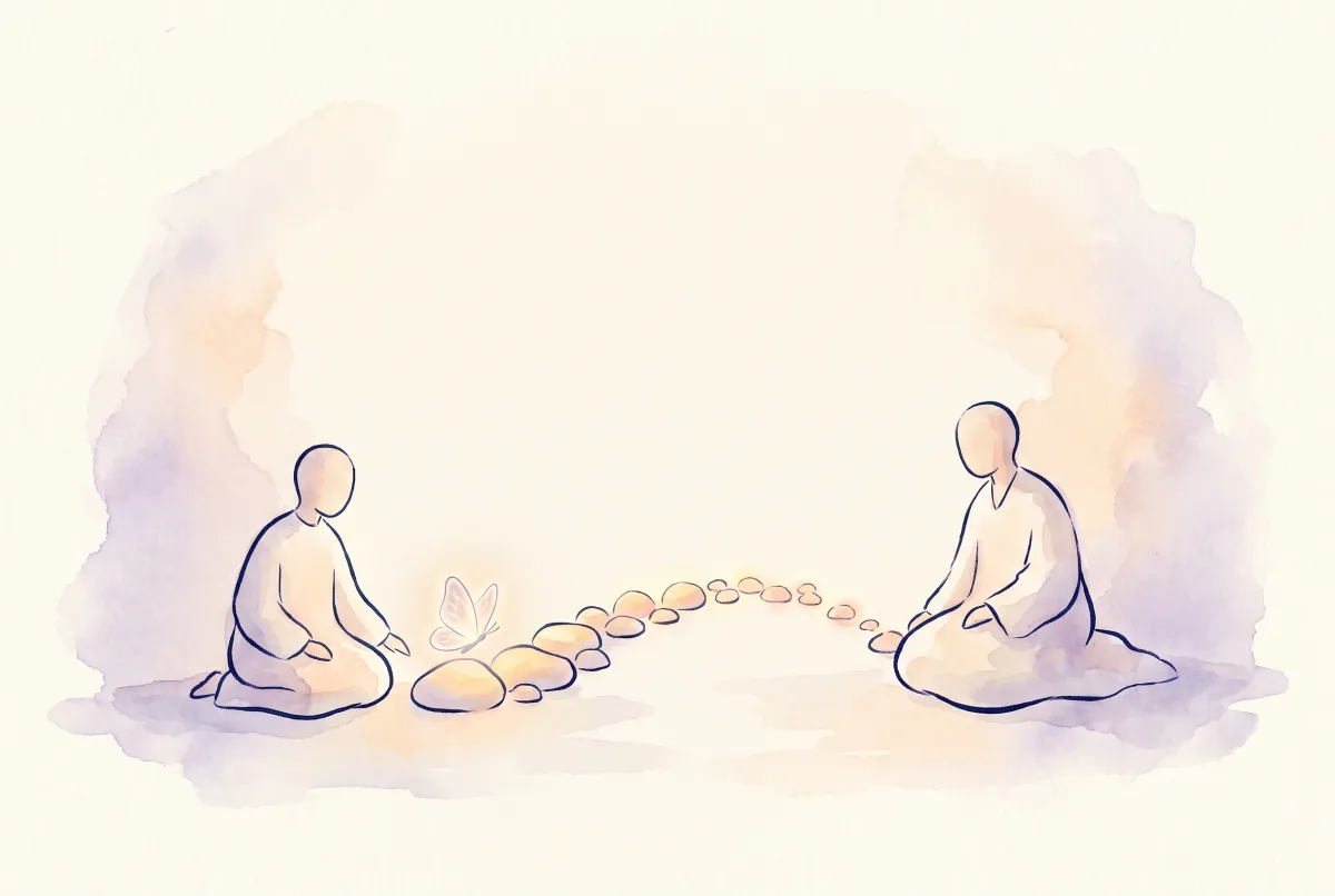 Illustration: two figures seated a little apart in soft watercolor, a path of small glowing stones curving across the space between them, a single luminous butterfly hovering just above the nearest stone