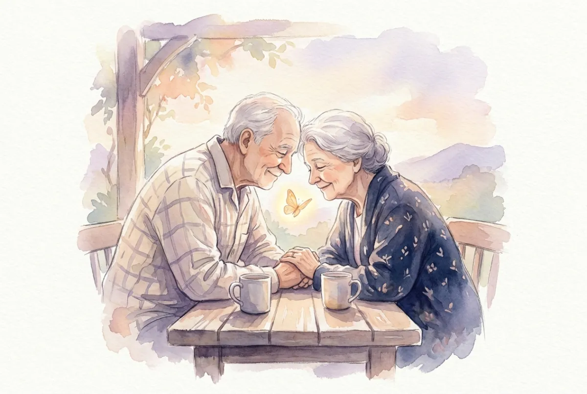イラスト: 小さなテーブルでお茶を前に寄り添う二人。あたたかな会話の中で再びつながっていて、二人のあいだに小さな光る蝶がいる