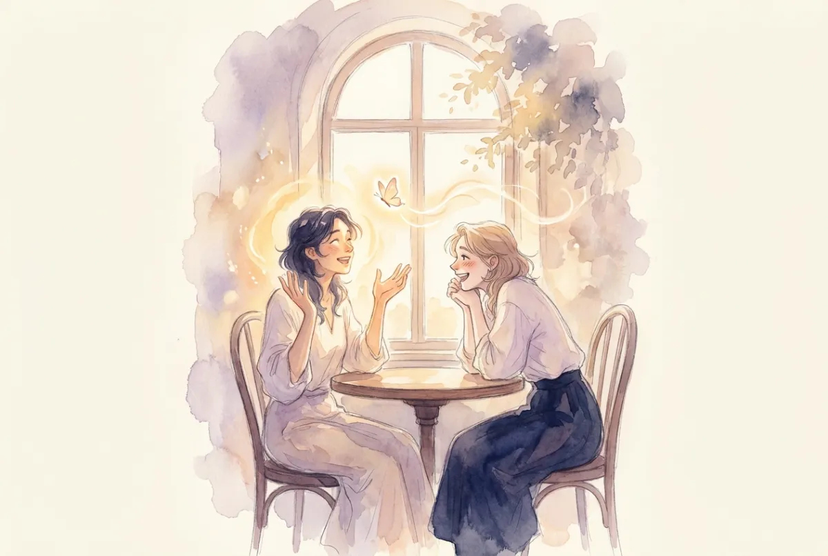 Illustration: two friends at a small cafe table by a sunlit window, one lighting up as they share happy news while the other leans in with full attention and delight, a small glowing butterfly floating in the air between them
