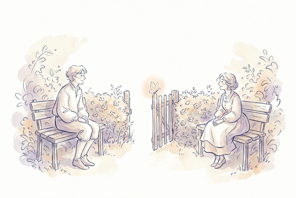 イラスト: 低い生け垣の両側に静かに座る二人、あいだには小さな門が開いていて、門柱にやわらかく光る蝶がとまっている