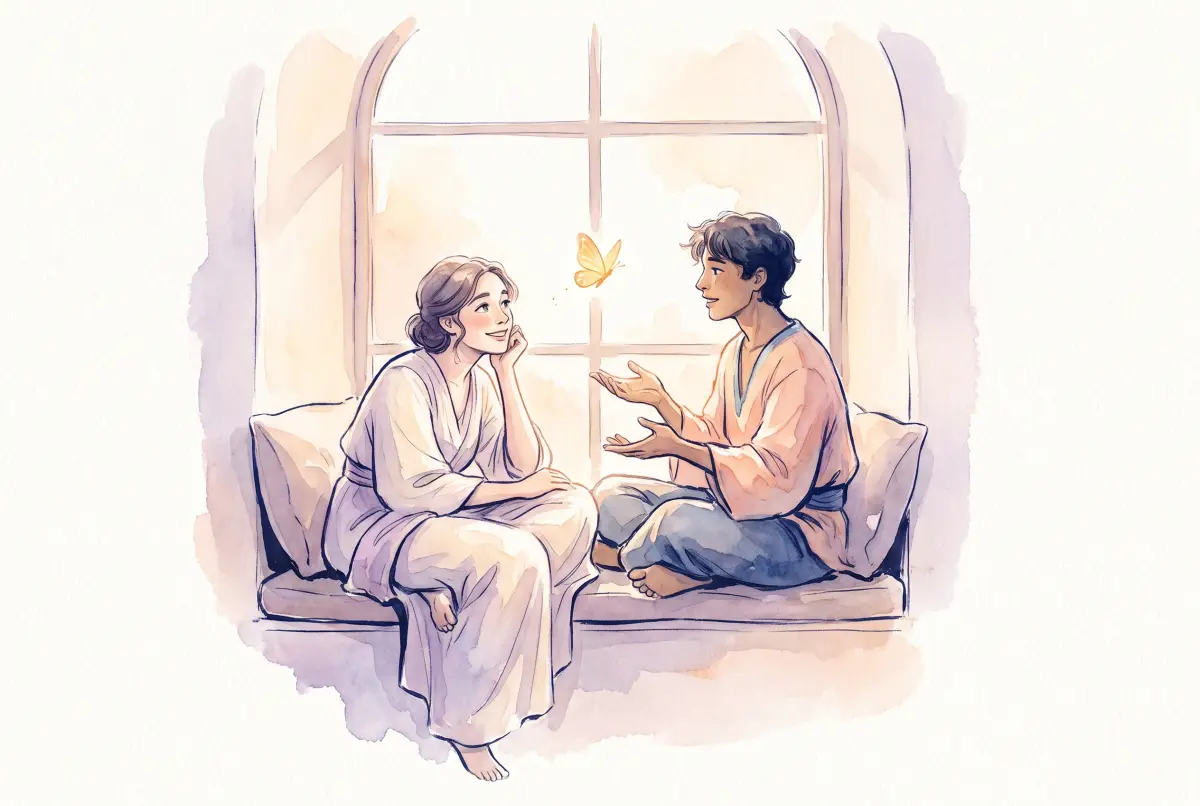 Illustration: a soft watercolor scene in cream, lavender and peach of two people sitting close on a sunlit window bench, one leaning in with open and curious attention while the other speaks with hands gently open, a single glowing butterfly drifting in the light between them