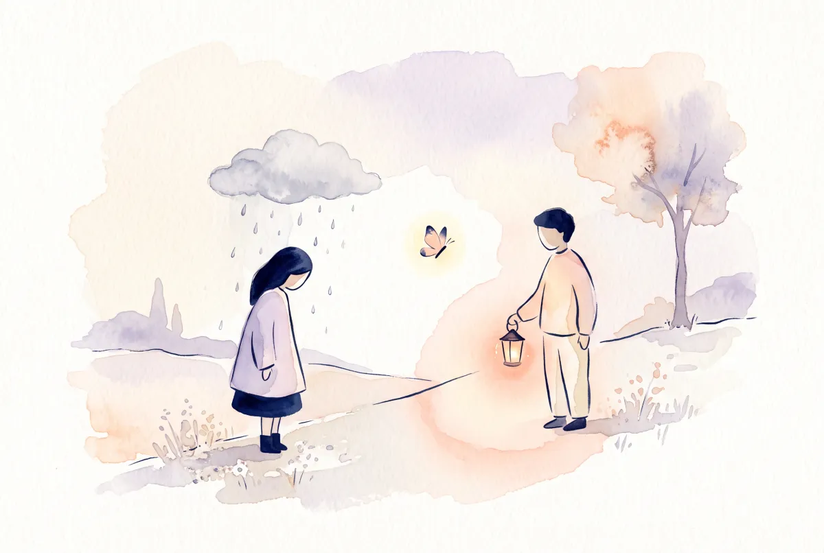 Illustration: two watercolor figures standing a little apart in the same soft cream and lavender landscape, one with head bowed beneath a small grey rain cloud, the other in warm peach light holding a lit lantern, with a small glowing butterfly drifting in the space between them