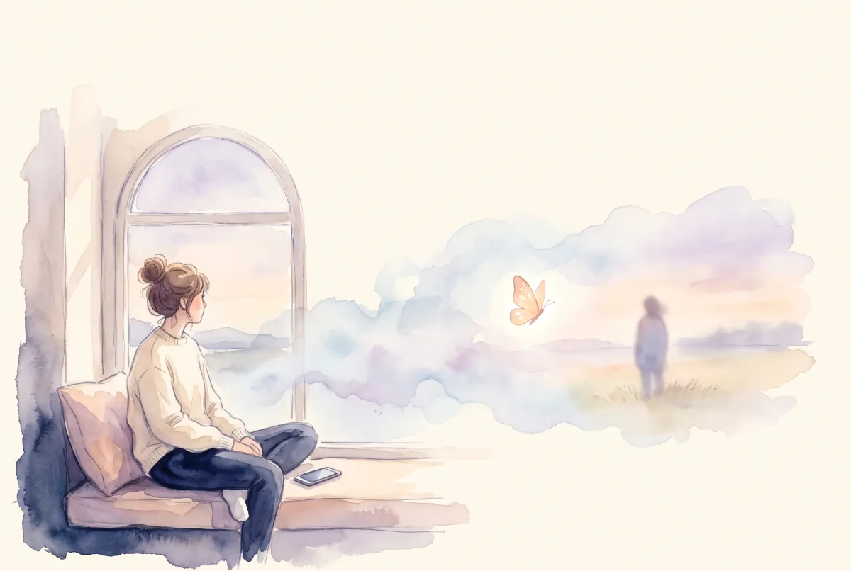 Illustration: a person in a cream sweater sitting on a cushioned window seat beside an arched window, their phone set face down next to them, looking out toward a drifting pastel mist where a small glowing butterfly hovers and a distant figure stands softly blurred in a field beyond