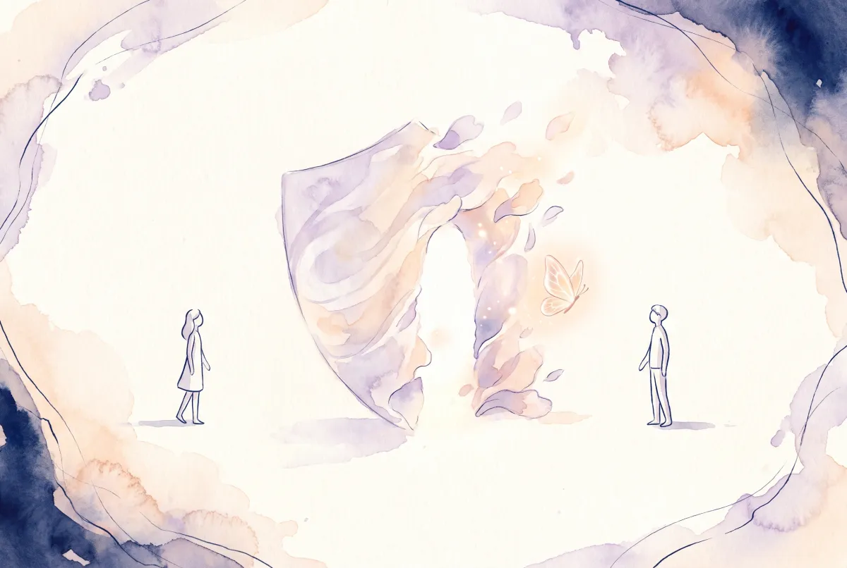 Illustration: two watercolor figures facing each other across soft cream space, a pale lavender shield between them dissolving into petals and light, with a small glowing butterfly drifting through the opening
