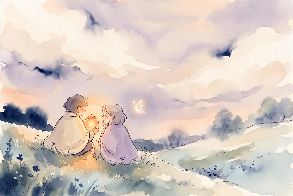 Illustration: two friends on a hillside at dusk in soft watercolor, one cupping a small glowing lantern while the other watches it with a tender, complicated expression, a glowing butterfly between them