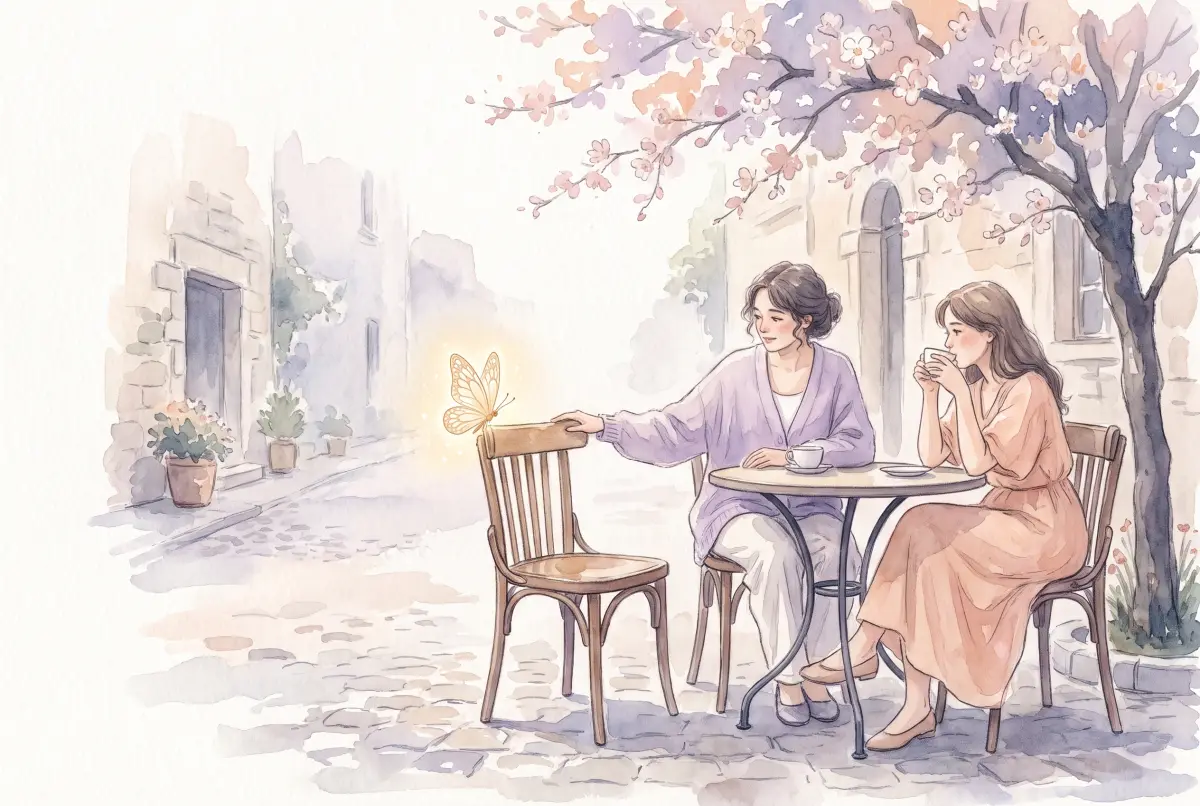 Illustration: a soft watercolor scene in cream, lavender and peach of two friends sitting at a small cafe table, one gently turning toward an empty chair beside them, with one small glowing butterfly resting on the back of the chair