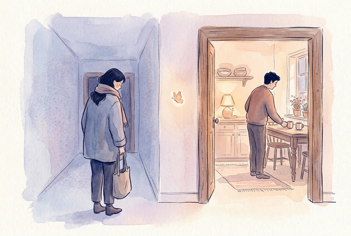 イラスト: 一日の終わり、青みがかった薄暗い廊下で足を止めた人。コートを着たまま、鞄を手に提げ、うつむいている。開いた扉の向こうには灯りのともった暖かい台所があり、もうひとりが静かにカップを二つ置いている。二人のあいだの光の中に、小さく光る蝶が漂っている