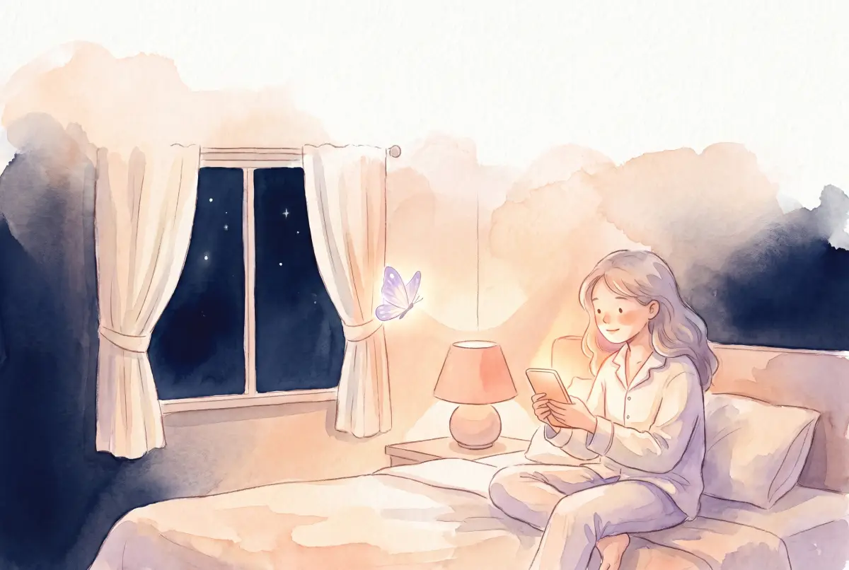 Illustration: a soft watercolor scene in cream, lavender and peach of a young person sitting calmly on the edge of a bed at night, holding a phone that casts a gentle warm glow on their face, a deep navy window with a few pale stars beside them, and one small glowing butterfly hovering softly in the air near the window