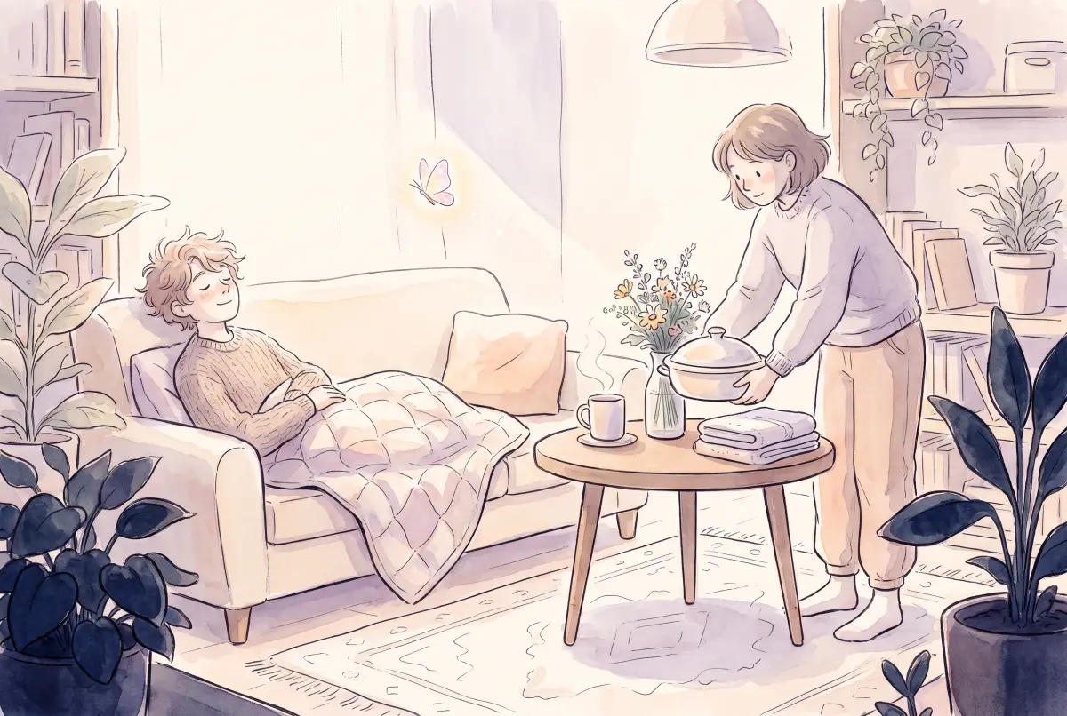 Illustration: a soft watercolor living room in cream, lavender and peach, where one person rests on a low couch under a blanket while a friend quietly sets down a covered dish and a small bunch of flowers on a side table, with a single glowing butterfly drifting through the light between them