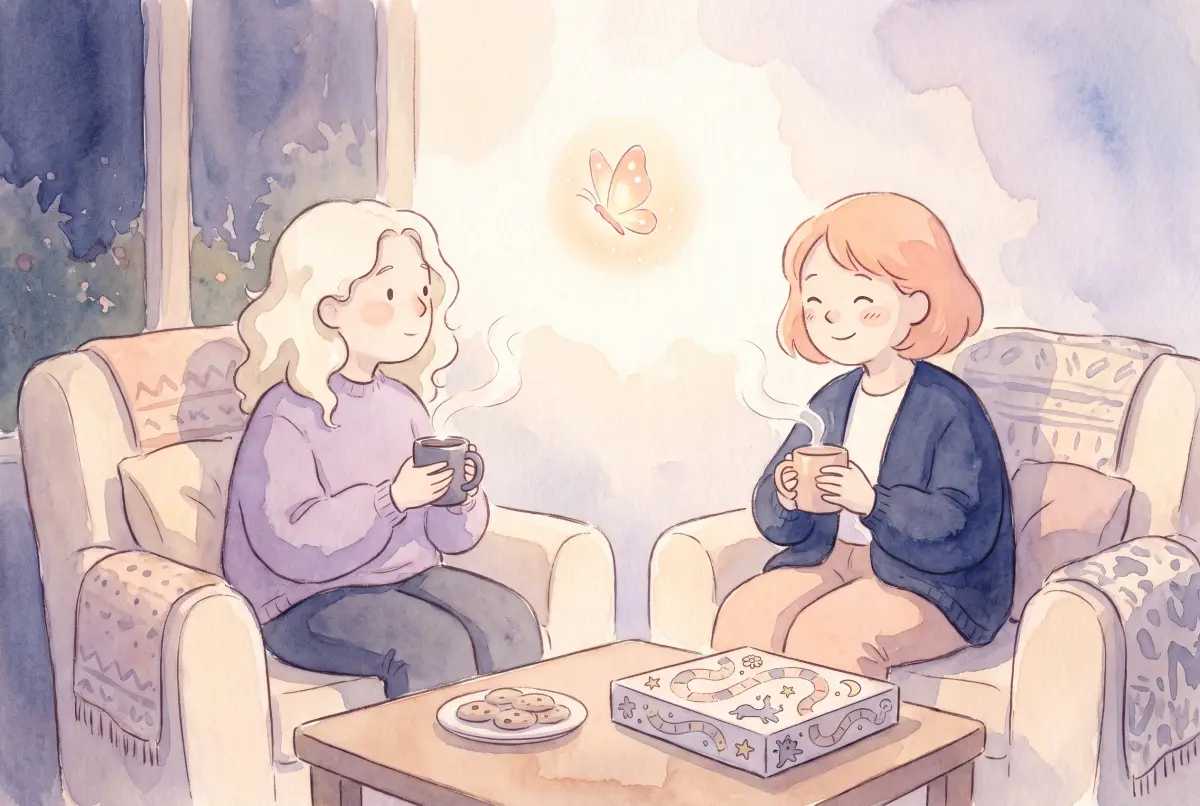 Illustration: a soft watercolor scene in cream, lavender and peach of two friends sitting in cozy armchairs at dusk, each with a steaming mug of tea, a plate of cookies and a board game on the table between them, with one small glowing butterfly near them