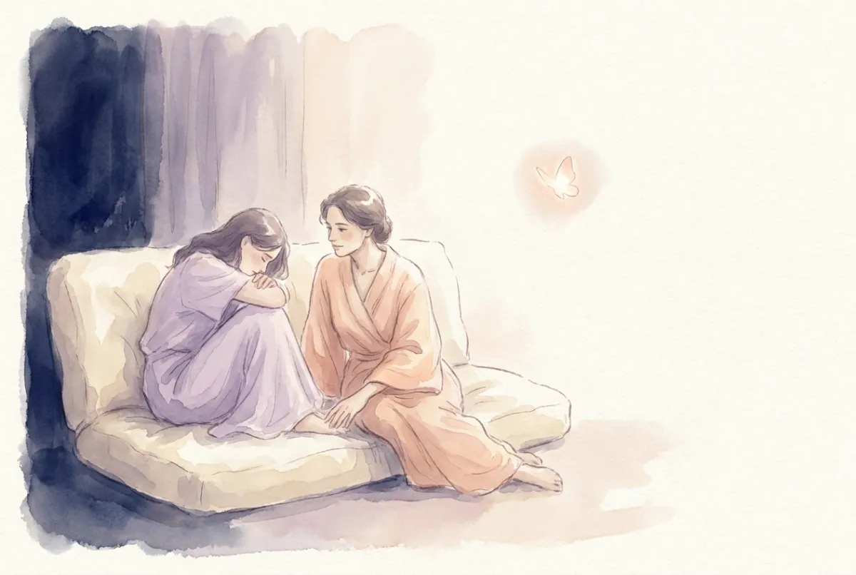 Illustration: one person sitting quietly beside a friend who is upset, simply present and listening, a small glowing butterfly resting nearby