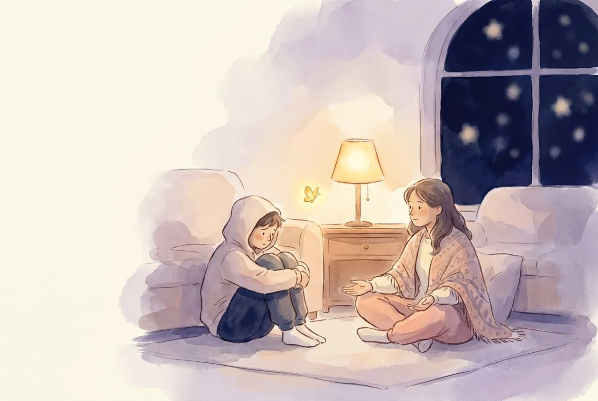 イラスト: 夜の静かな部屋、灯りのそばの床に座る二人。ひとりは膝を抱えてうつむき、もうひとりは手を開いてその人のほうを向いている。二人のあいだに小さな光る蝶が漂っている
