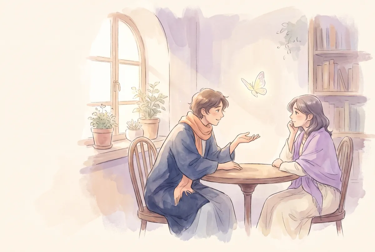 Illustration: two people sitting at a small round table in a warm room with a sunlit window and a bookshelf, one speaking with an open upturned hand, the other listening with their chin resting on their hand, and a small glowing butterfly in the air between them