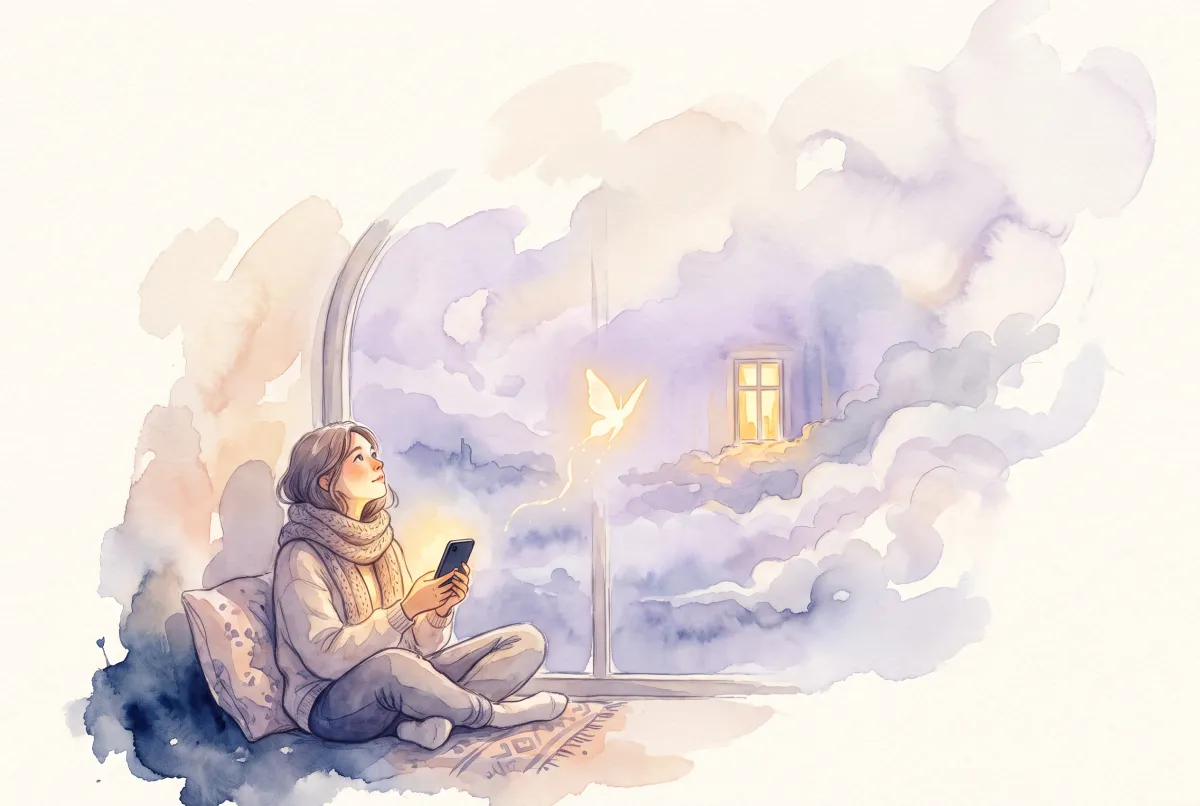Illustration: a person sitting cross legged on a cushion beside a large arched window at dusk, holding a softly glowing phone in both hands and looking out toward a drifting pastel mist, where a small glowing butterfly rises toward a warmly lit window in the distance