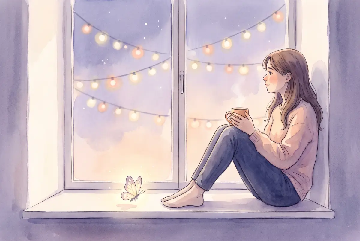 Illustration: a soft watercolor of a young woman sitting on a wide windowsill at dusk with a warm mug, looking out at soft strings of holiday lights, with one small glowing butterfly resting on the sill beside her