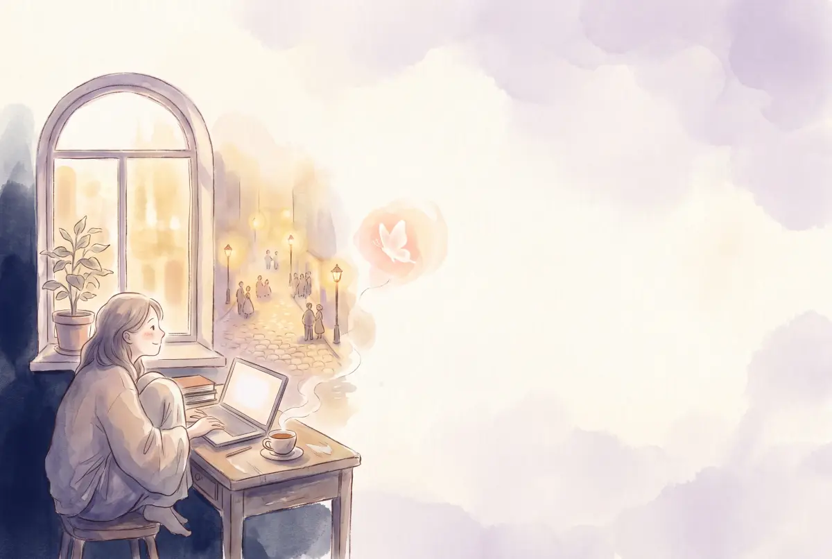 Illustration: a soft watercolor of a person at a small desk by a window with a laptop and a cup of tea, smiling toward a warm, glowing street where tiny figures gather, with one glowing butterfly floating in a soft peach light