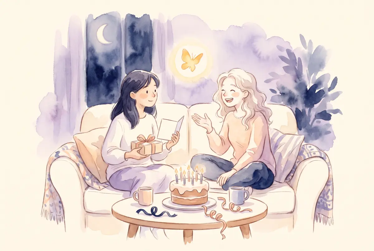 Illustration: a soft watercolor scene in cream, lavender and peach of two friends side by side on a cozy sofa in the evening, one holding a small wrapped gift and a blank card, the other smiling and telling a story, with a little cake and streamers on a low table and one small glowing butterfly above them
