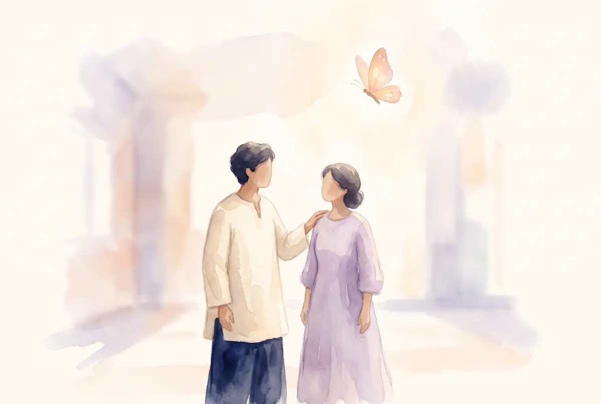 Illustration: a soft watercolor scene in cream, lavender and peach, showing two people standing quietly side by side in a calm, sunlit room, one gently resting a hand on the other's shoulder, with a single glowing butterfly drifting in the open space above them