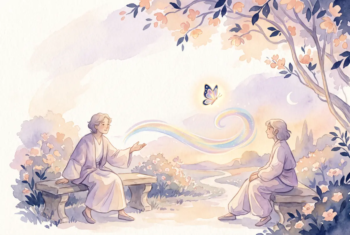 Illustration: a soft watercolor scene in cream, lavender and peach of two friends sitting on garden benches facing each other at dusk, one reaching out an open hand toward the other, with a ribbon of soft rainbow-colored light between them and one small glowing butterfly above