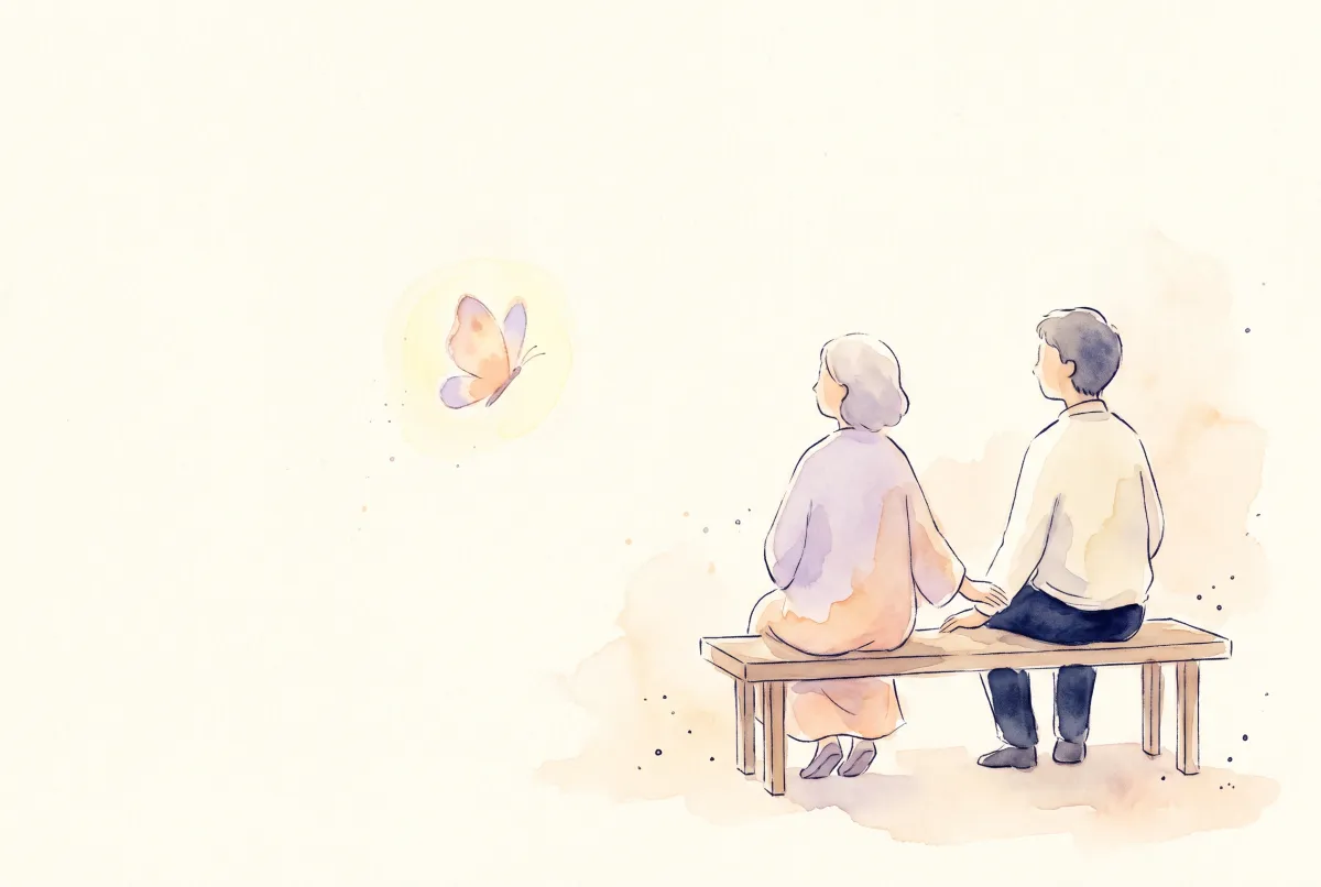 Illustration: two watercolor figures seated side by side on a simple bench, one resting a hand quietly near the other, with a small glowing butterfly drifting in the soft cream and lavender space beside them