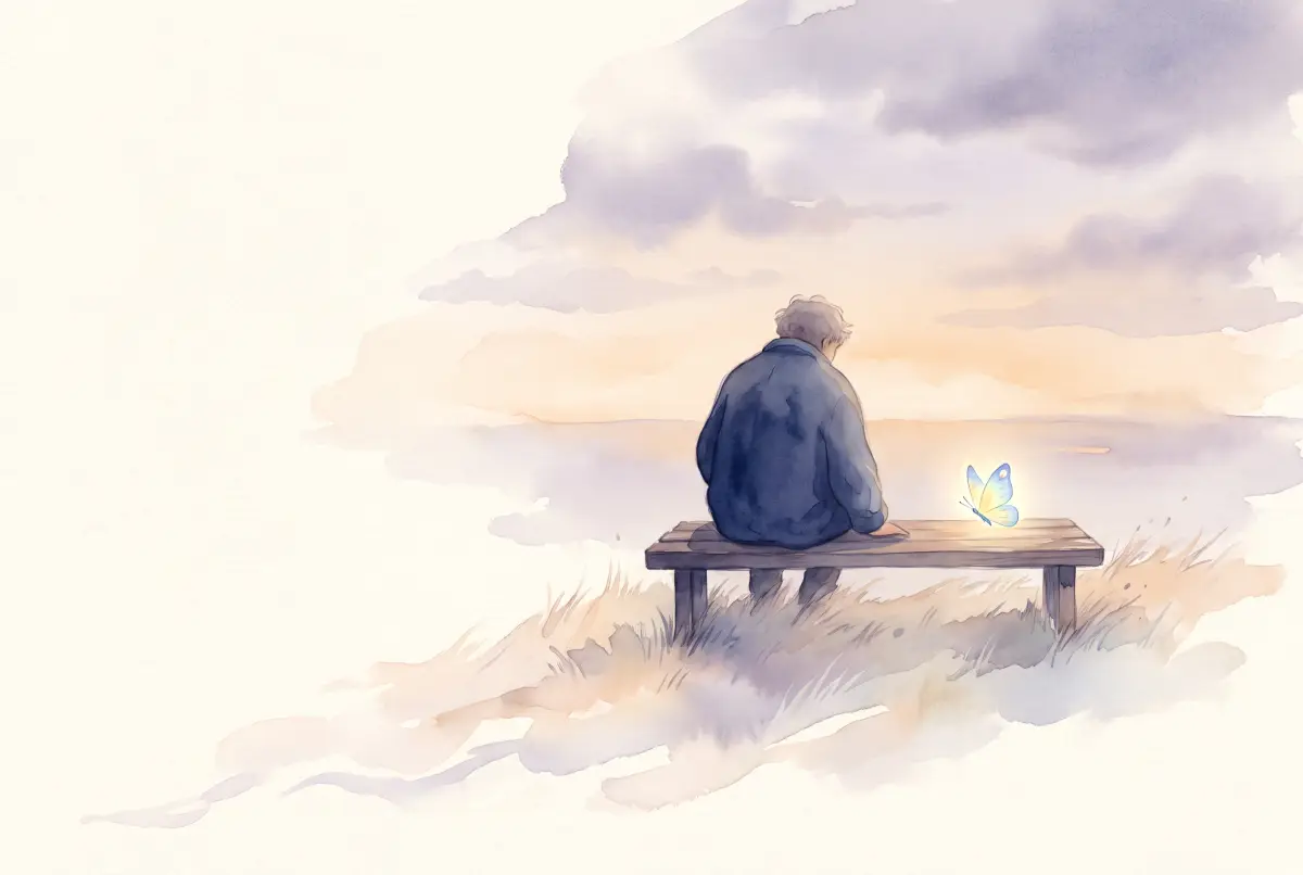 Illustration: a soft watercolor scene in cream, lavender and peach of a person sitting quietly on a wooden bench in late afternoon light, with an empty space beside them on the bench, a pale navy horizon behind, and one small glowing butterfly resting on the empty half of the bench