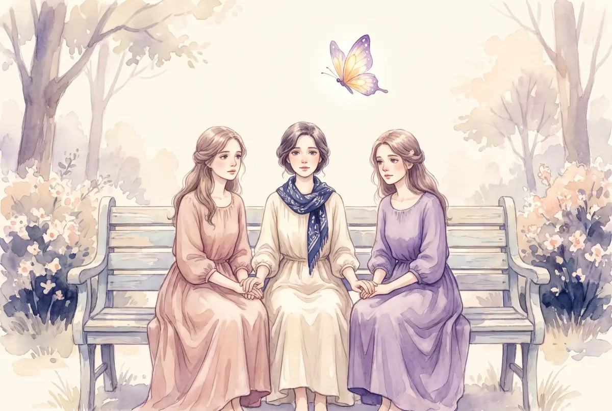 Illustration: a soft watercolor scene in cream, lavender and peach of three friends on a park bench, the one in the middle holding the hands of the two beside her, with a tiny glowing butterfly above them