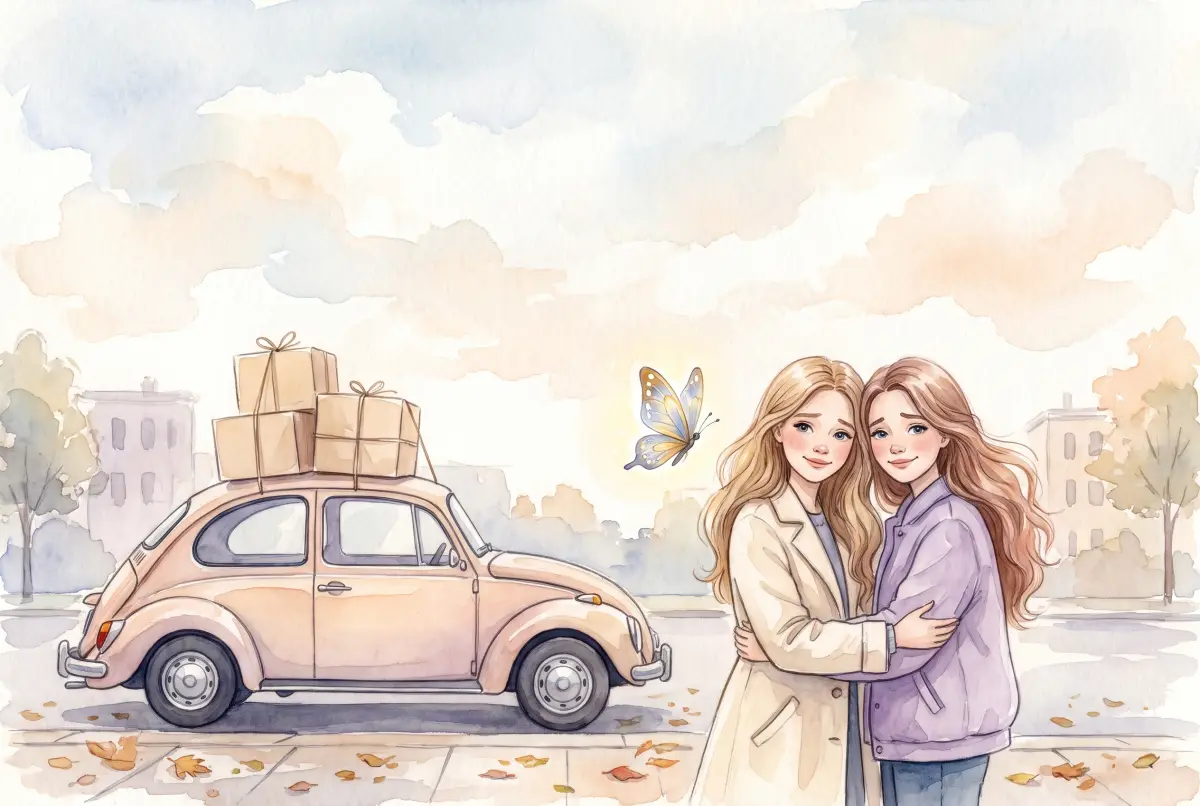 Illustration: a soft watercolor scene in cream, lavender and peach of two friends standing close together on a quiet sidewalk, smiling a little sadly, beside a small car loaded with boxes, with one small glowing butterfly hovering between them and the car
