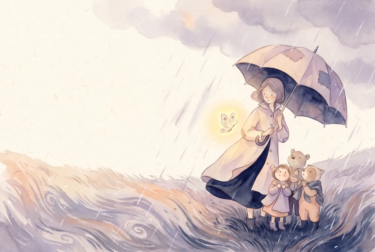 Illustration: a woman holding a patched umbrella over three small companions while she stands at the edge in the rain, with a glowing butterfly near her hand