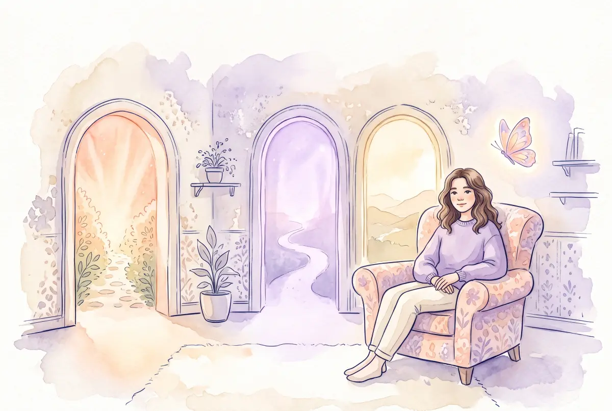 Illustration: a soft watercolor scene in cream, lavender and peach of one young person sitting calmly and at ease in a cushioned chair, with several gently glowing archways behind them opening onto slightly different warm light, and one small glowing butterfly hovering in the air nearby