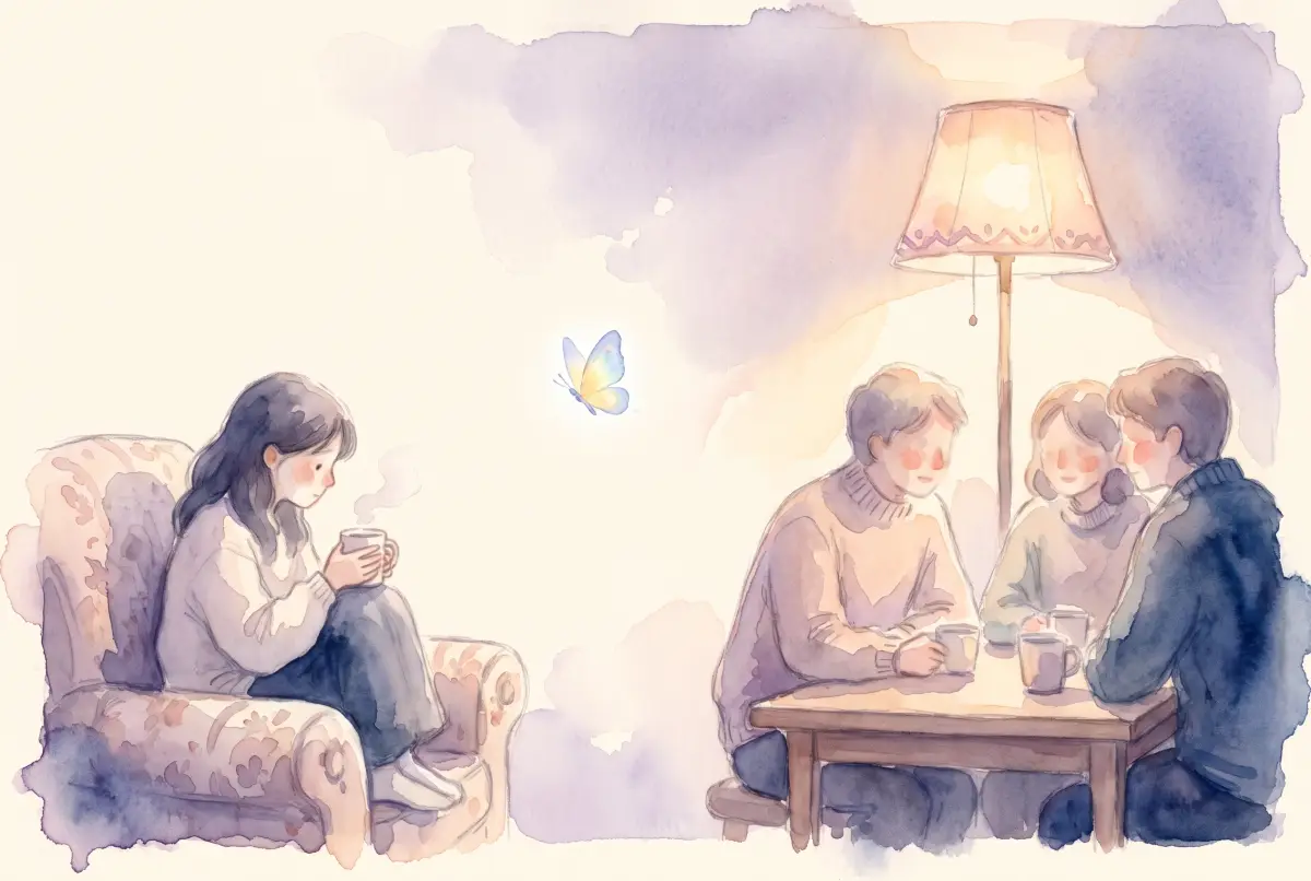 Illustration: a soft watercolor scene in cream, lavender and peach of three friends leaning in together over a low table in warm lamplight on one side of a room, while on the other side a young person sits alone in an armchair holding a mug with both hands, gaze turned gently down, with a small blue butterfly hovering in the wide quiet space between them